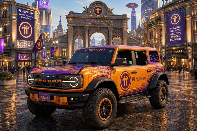 An AI-generated promotional image shows an orange and purple Pi Network-branded Ford Bronco parked in 'Pi Plaza,' an ornate cityscape with banners promoting the 'Secure, Scalable, Everywhere' crypto network.