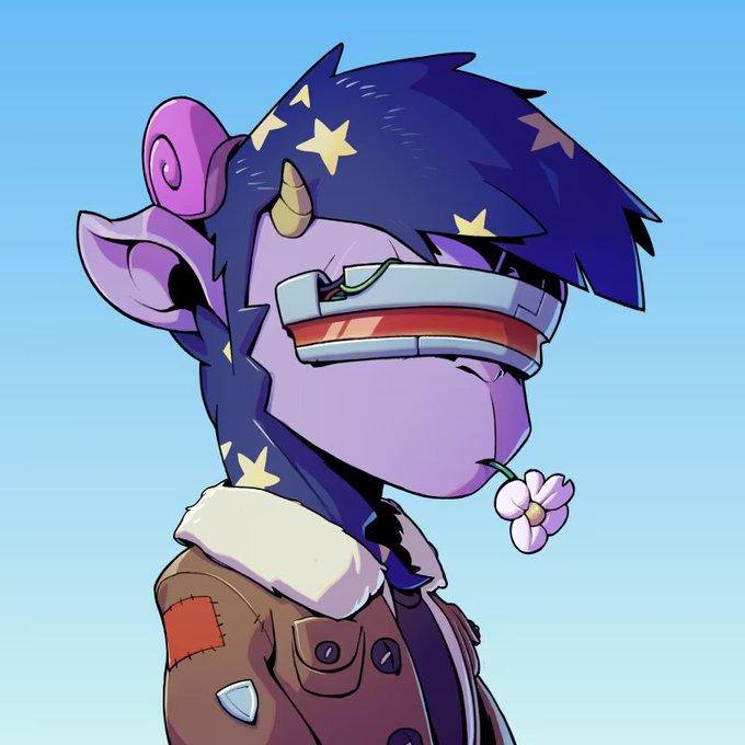 An anthropomorphic unicorn character with purple fur and a starry dark blue mane, wearing a futuristic visor and a brown jacket, holds a small flower in its mouth against a blue sky.