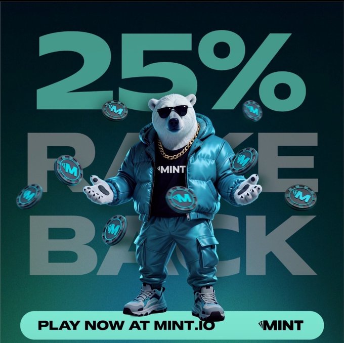 A promotional graphic for MINT featuring an anthropomorphic polar bear wearing sunglasses and a teal puffer jacket, surrounded by MINT tokens, advertising a 25% rakeback offer at mint.io.