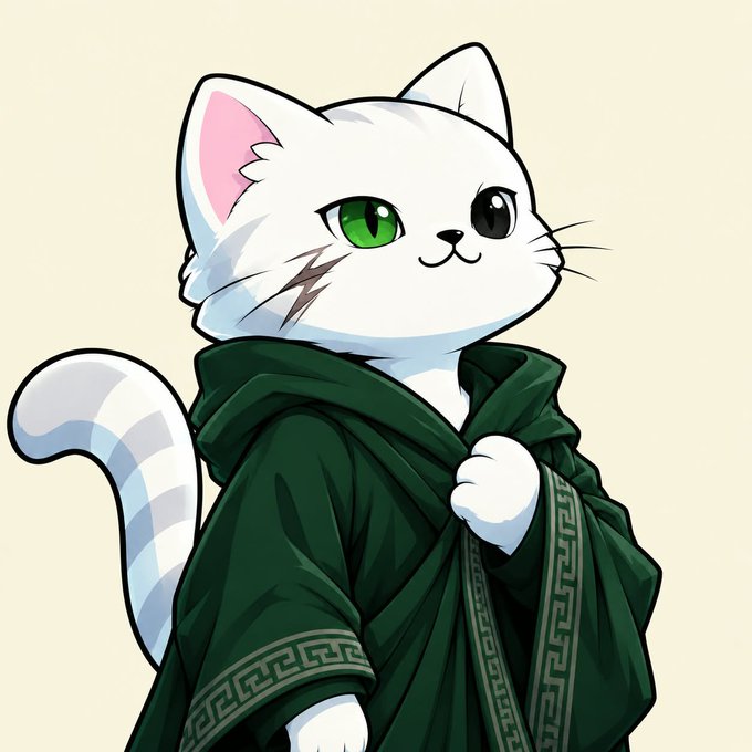 An anime-style illustration depicts a white cat with heterochromia (one green, one black eye) wearing a dark green hooded robe with patterned trim.