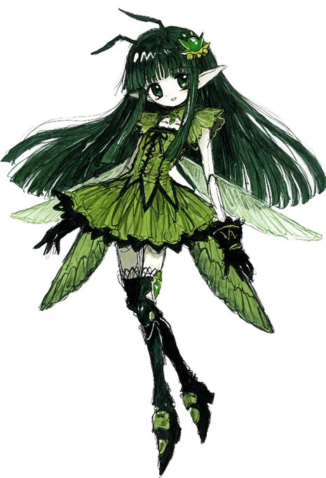 An anime-style illustration of a fairy girl with long dark green hair, pointed ears, and insect-like wings, wearing a frilly green dress and black boots.