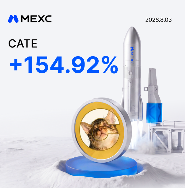 The image features a MEXC promotional graphic dated 2026.8.03 announcing that the CATE token has surged +154.92%, with a rocket, cat-themed coin, and "moon" landscape visually symbolizing the token's dramatic price rally referenced in the post.