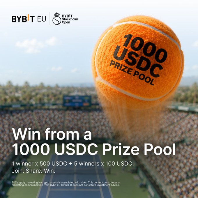 Bybit EU advertisement featuring a giant tennis ball with '1000 USDC PRIZE POOL' text floating over a tennis stadium, promoting a giveaway of '1 winner x 500 USDC + 5 winners x 100 USDC' linked to the Bybit Stockholm Open.