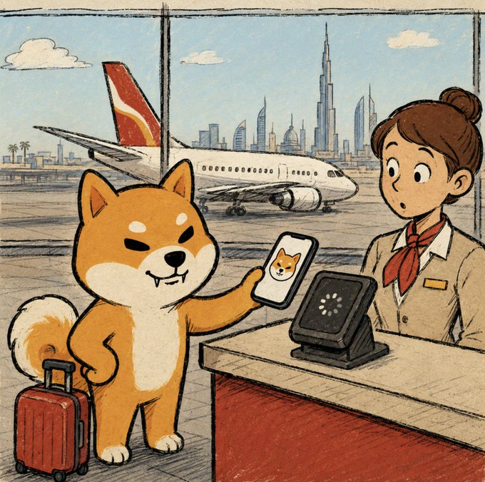 A cartoon Shiba Inu wearing a collar and standing at an airline check-in counter next to a backpack, holding up a phone displaying a Shiba Inu face, while a flight attendant in uniform looks on with surprise. The image ties to the post by humorously depicting the "SHIB Army" using Shiba Inu (via Crypto.com Pay) to book Emirates flights, with a Dubai skyline and Emirates plane visible in the background to reinforce the real-world travel payment context.