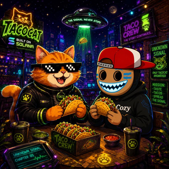 The image depicts a vibrant cyberpunk scene featuring a cat in pixelated sunglasses and a mysterious figure in a red and white cap, both enjoying tacos at a neon-lit diner. Surrounding signage reads "TACOCAT BUILT ON SOLANA," "TACO CREW: THE STORY CONTINUES," "THE SIGNAL NEVER STOPS," "UNKNOWN SIGNAL: ONLY TACOCAT ANSWERED," and "MISSION: TASTE - TACOS - SPREAD THE SIGNAL," visually reinforcing the post's theme of TACOCAT as a Solana-based meme coin that rewards holders through an unfolding cryptid-style narrative rather than empty hype.