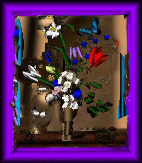 A digitally altered, distorted image shows a vase filled with flowers including red tulips, white blossoms, and blue butterflies, all framed by a thick purple border.