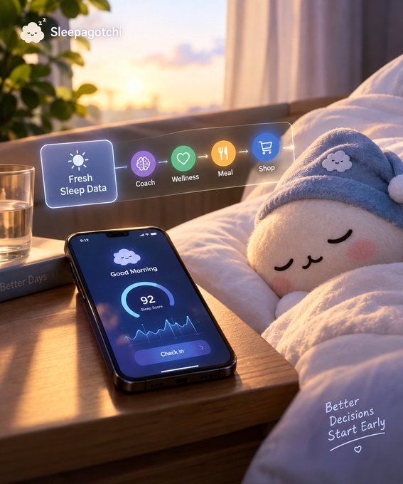 A promotional image for the 'Sleepagotchi' sleep tracking app, showing a smartphone displaying 'Good Morning 92 Good Score' on a nightstand next to a sleeping plush toy, with holographic icons for Coach, Wellness, Meal, and Shop, and the text 'Better Decisions Start Early'.