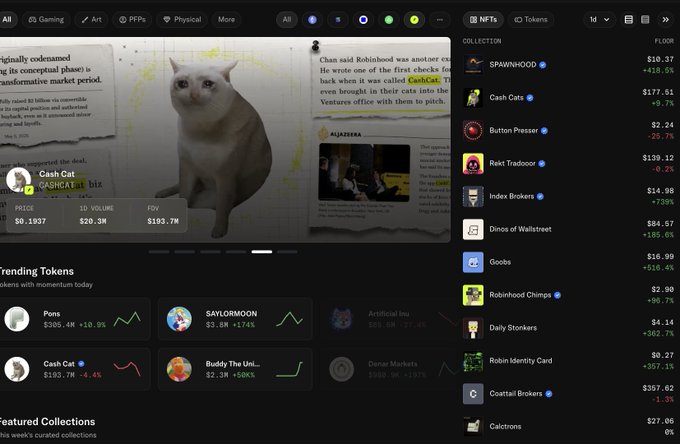 A web interface showing NFT collection 'Cash Cat' featuring a white cat, with trending tokens like Pons, SAYLORMOON, and Cash Cat displayed alongside a collection list including SPAWNHOOD and Cash Cats.