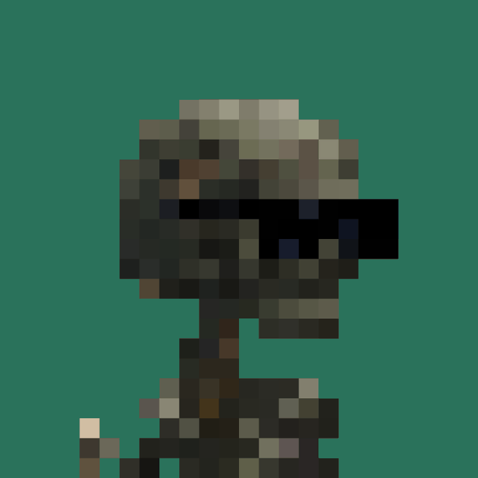 A dark, low-resolution pixel art figure stands against a green background, appearing shadowy and indistinct.