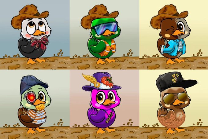 Six cartoon duck characters arranged in a 2x3 grid, each wearing different hats and outfits including a brown cowboy hat with a bow tie, green sunglasses, a blue shirt, a blue beanie, a purple hat with flowers, and a black baseball cap.