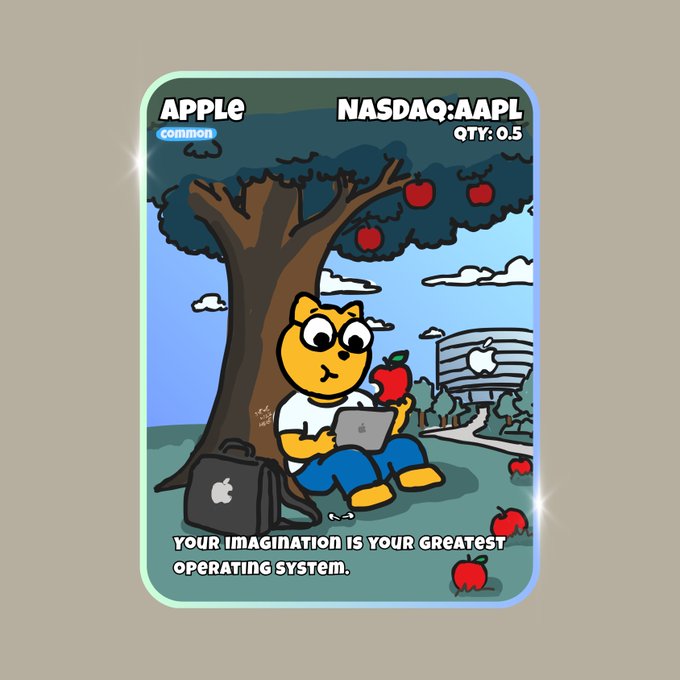 A cartoon-style trading card labeled 'APPLE' with NASDAQ:AAPL ticker, depicting an anthropomorphic cat character sitting under an apple tree working on a MacBook, with the caption 'YOUR IMAGINATION IS YOUR GREATEST OPERATING SYSTEM.'