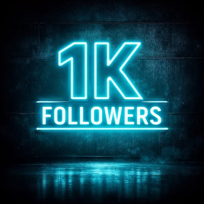 A neon blue sign glowing on a dark concrete wall reads '1K FOLLOWERS' above a reflective floor.