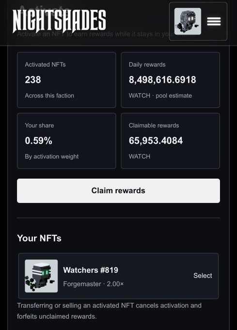 A dark-themed dashboard for 'NIGHTSHADES' showing 238 Activated NFTs, 8,498,616.6918 WATCH Daily rewards, and 65,953.4084 WATCH claimable rewards.