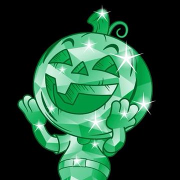 A sparkling green cartoon character resembling a gem or crystal figure with a mischievous grin and a curly stem on top of its head, set against a black background.