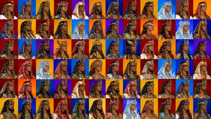 A grid of colorful tiles displays a repeated pattern of an illustrated figure resembling Cleopatra or an Egyptian queen in profile view.