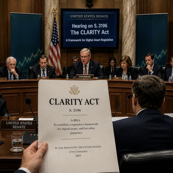 A U.S. Senate hearing on the "CLARITY Act" (S. 3196) is shown, featuring the Chairman at the dais beneath a screen reading "Hearing on S. 3196 The CLARITY Act: A Framework for Digital Asset Regulation," while a copy of the bill titled "A BILL To establish a regulatory framework for digital assets" is held in the foreground—visually underscoring the post's warning that partisan resistance over stablecoin yields could derail the legislation.