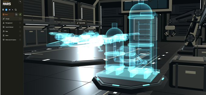 A futuristic space simulation interface displays a holographic blueprint of a spacecraft within what appears to be a docking bay, with menu options like 'Mars', 'Dock', and 'Bank' visible on the left.