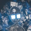 A digital illustration of a robotic character with glowing blue square eyes, surrounded by floating social media icons like YouTube and Twitter against a dark background.