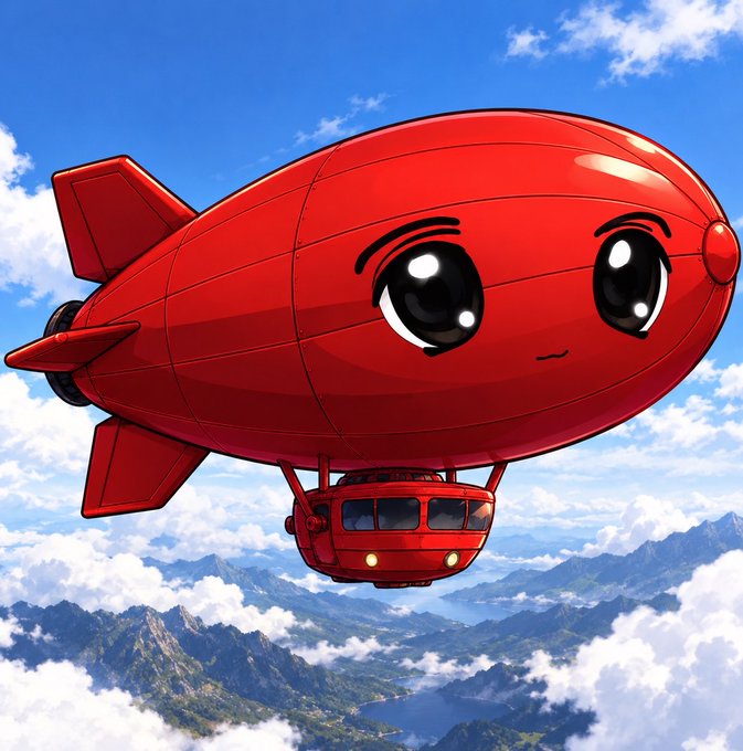 An anime-style illustration of a large, shiny red airship with a cartoonish face featuring big black eyes, floating in a blue sky above a mountainous landscape, with a smaller red gondola suspended underneath.