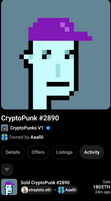 A CryptoPunks profile page showing CryptoPunk #2890 (owned by Aaallii) recently sold by straybits.eth for 180 ETH, 24 minutes ago.
