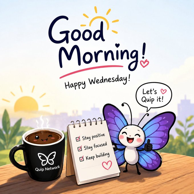 A cheerful 'Good Morning! Happy Wednesday!' graphic featuring a smiling coffee mug labeled 'Quip Network,' a checklist with 'Stay positive, Stay focused, Keep building,' and a happy cartoon butterfly saying 'Let's Quip it!'