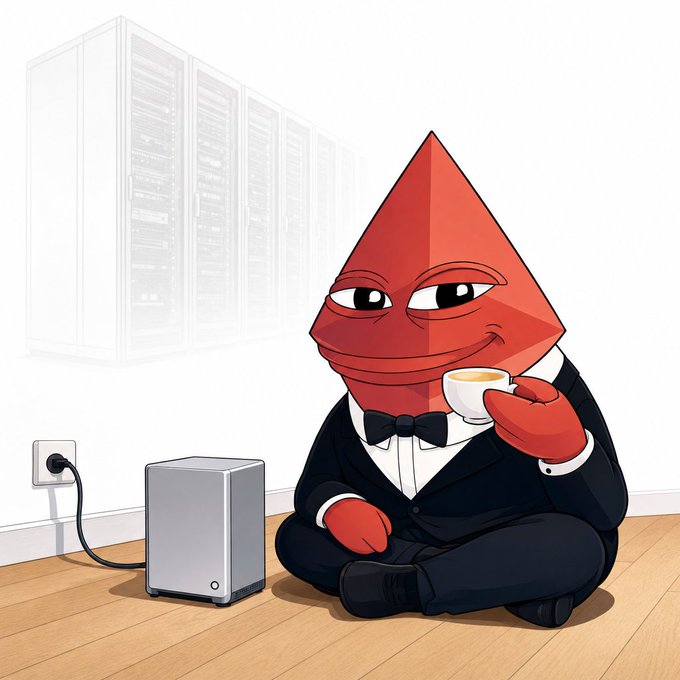 Cartoon image of a red pyramid-shaped character in a tuxedo sitting cross-legged on a wooden floor, holding a teacup, with a NAS device plugged into a wall outlet and faint outlines of server racks behind it.