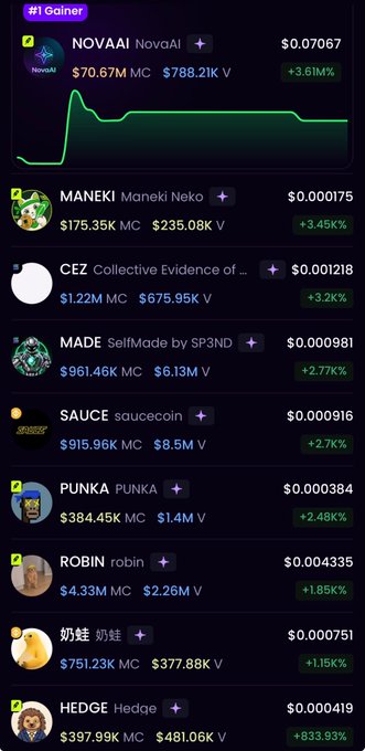 Screenshot of a cryptocurrency gainers list showing tokens like NovaAI ($NOVAAI) leading with +3.61%, followed by Maneki Neko, CEZ, MADE, SAUCE, PUNKA, ROBIN, WIF, and HEDGE, with their market caps and volumes.