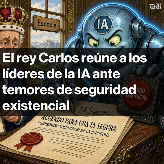 An AI-generated illustration showing King Carlos meeting with an AI robot, with Spanish text reading 'El rey Carlos reúne a los líderes de la IA ante temores de seguridad existencial'.