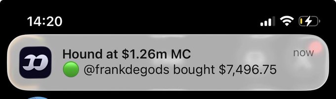 A smartphone notification showing a transaction on 'Hound' at a $1.26m MC, with '@frankdegods bought $7,496.75'.