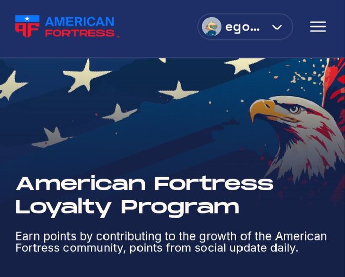 Screenshot of the American Fortress website showing their Loyalty Program with an eagle and American flag graphic, with the user 'ego...' logged in.