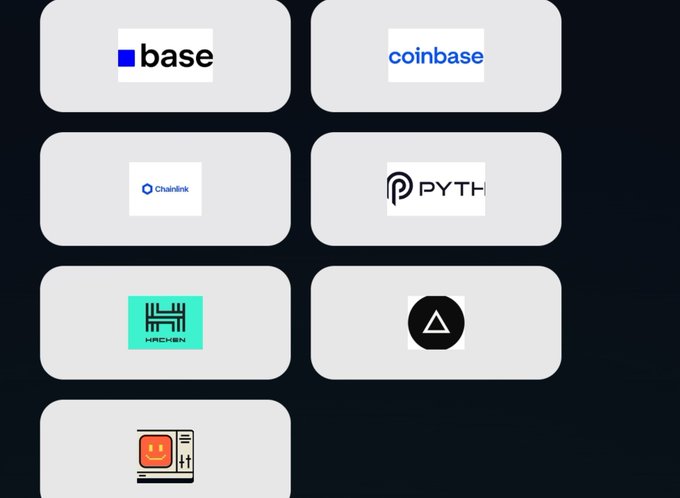 A grid of cryptocurrency and tech company logos including Base, Coinbase, Chainlink, PYTH, HACHEN, a triangle logo, and a pixelated red square icon.