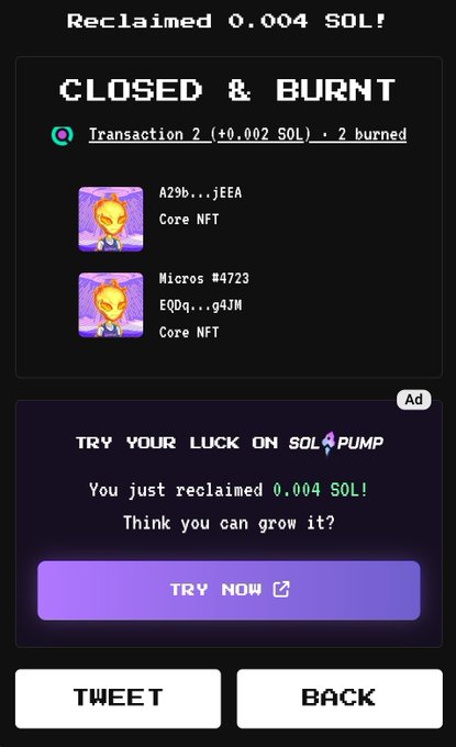 Mobile app screen showing 'Reclaimed 0.004 SOL!' and 'CLOSED & BURNT' with two alien Core NFT items, along with a 'TRY YOUR LUCK ON SOL PUMP' advertisement.
