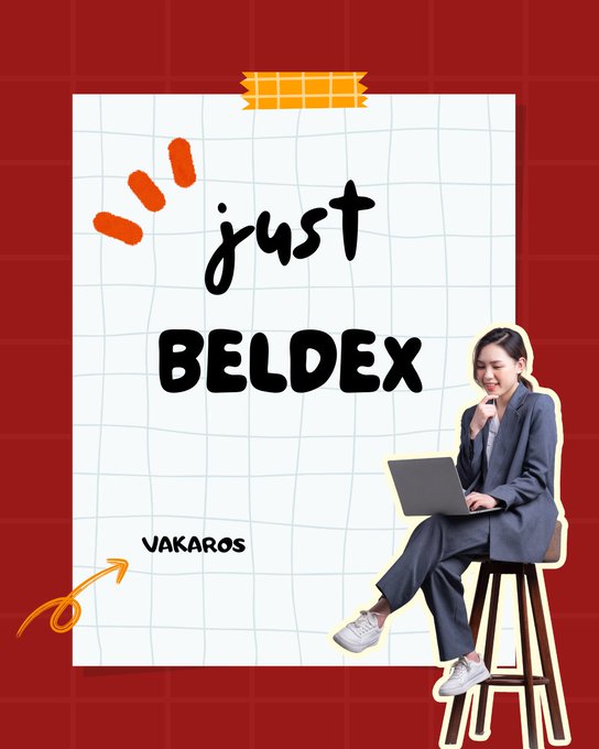 A promotional graphic for 'just BELDEX' with the text 'VAKAROS', featuring a woman in a gray suit sitting on a stool while working on a laptop.
