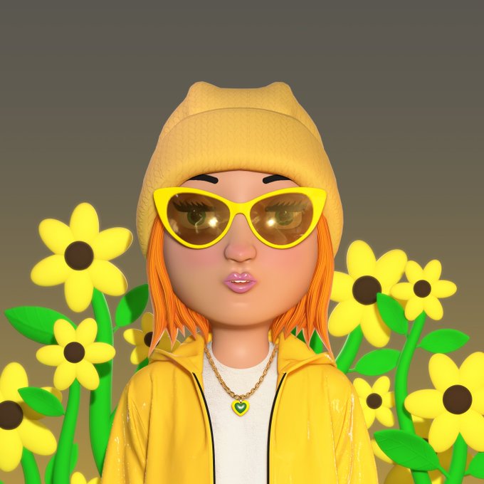 A 3D-rendered stylized female avatar with orange hair, wearing a yellow beanie, yellow cat-eye sunglasses, and a yellow jacket, surrounded by cartoon sunflowers.