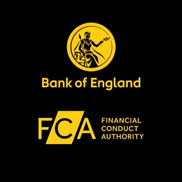 A black graphic featuring the gold Bank of England logo above the yellow 'FCA' Financial Conduct Authority logo.
