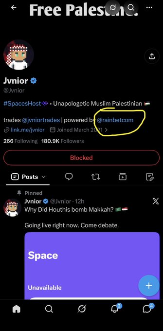The screenshot shows the X (Twitter) profile of user @Jvnior, a "Spaces Host" with 180.9K followers, whose bio is powered by "@rainbetcom" (circled in yellow). The image relates to the post's claim by highlighting Jvnior's affiliation with Rainbet, suggesting financial motives behind his Gaza-related Space discussions.