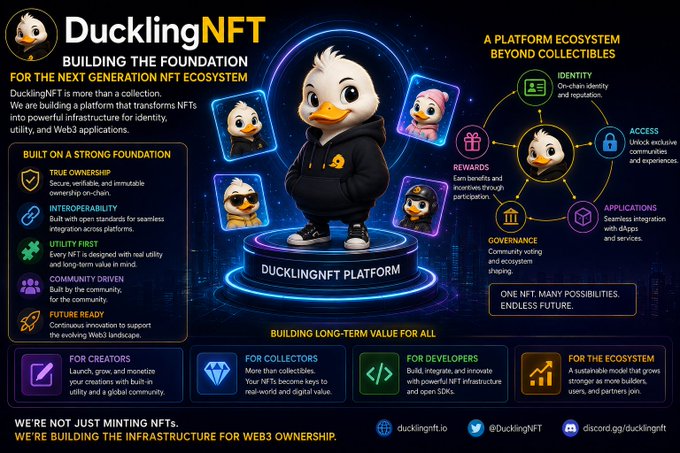 A promotional infographic for 'DucklingNFT' describing itself as 'BUILDING THE FOUNDATION FOR THE NEXT GENERATION NFT ECOSYSTEM,' featuring a cartoon duck mascot and outlining features for creators, collectors, developers, and the ecosystem.