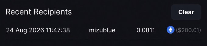 A "Recent Recipients" notification showing a transaction dated 24 Aug 2026 11:47:38 from "mizublue" for 0.0811 ($200.01), confirming the $200 tip received from @Blue_Eye_Mizu.