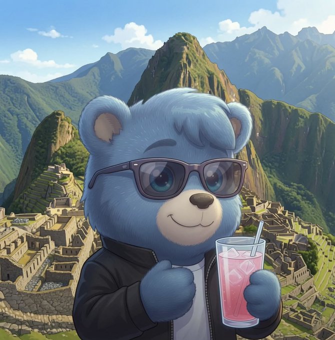An illustration of a blue cartoon bear wearing sunglasses and a black jacket, holding a pink drink, set against a backdrop of a mountainous landscape resembling Machu Picchu.