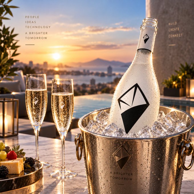 A promotional image for "Lighter" featuring a chilled champagne bottle in an ice bucket and two filled flutes on a terrace at sunset, with text reading "PEOPLE IDEAS TECHNOLOGY A BRIGHTER TOMORROW" and "BUILD CREATE CONNECT".