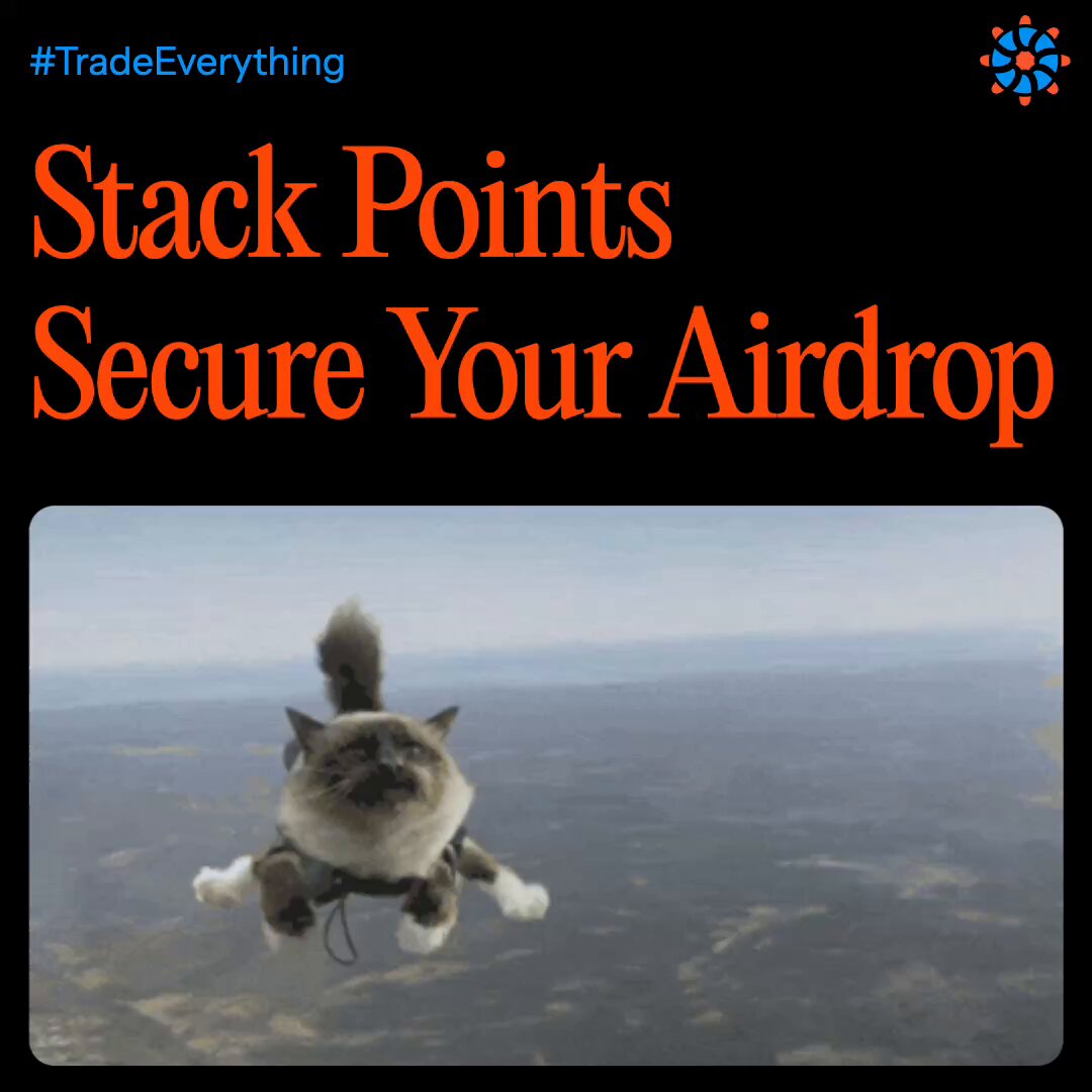 In the image, there are two cats flying through the air next to each other with one of them wearing a harness. A banner at the bottom of the picture reads "Stack Points", which suggests that this photo might be related to a campaign or advertisement for some kind of event involving cat flying. The text in the banner states that everything points toward an upcoming $E airdrop, and emphasizes the importance of stacking points by engaging with the ecosystem through different activities like participating in public sales, holding assets on the platform, trading futures, or bringing new traders into the mix.