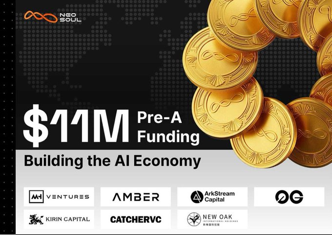 A promotional graphic for Neo Soul announcing $11M Pre-A Funding for 'Building the AI Economy', featuring gold coins and various investor logos including MAV Ventures and Amber.