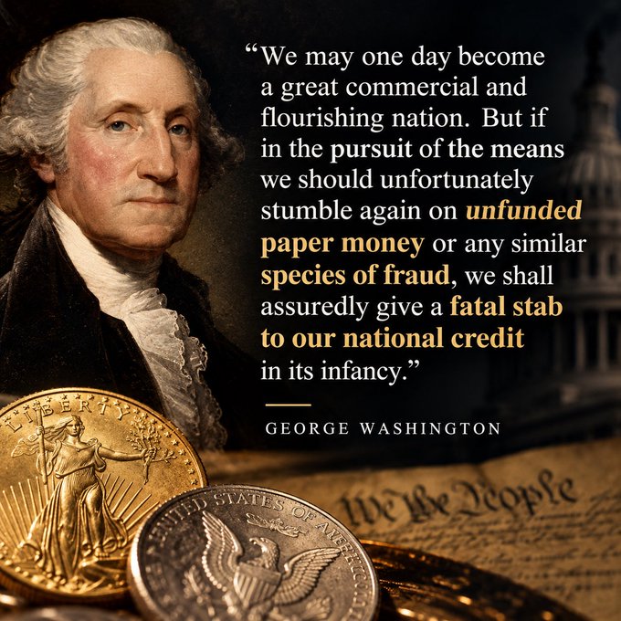 A portrait of George Washington alongside a quote about unfunded paper money, displayed over gold coins and the U.S. Constitution.