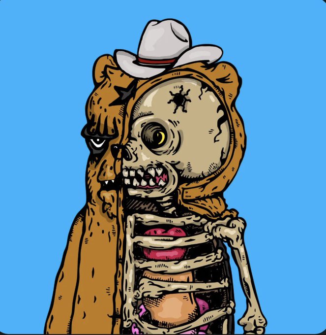 Cartoon illustration of a macabre character wearing a cowboy hat and brown coat, with an exposed skull face and skeletal ribs revealing internal organs, set against a blue background.