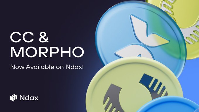 Promotional graphic for cryptocurrency exchange Ndax announcing that CC (Canton Network) and MORPHO tokens are now available on the platform, featuring stylized 3D token renderings on a blue background.