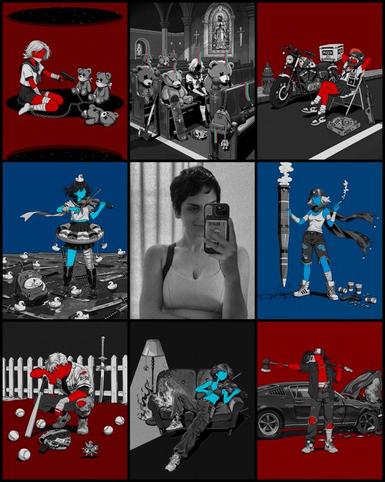 A 3x3 grid collage mixing red, blue, and grayscale artistic illustrations of anime-style characters and vignettes with a central mirror selfie photo of a woman in a white tank top.