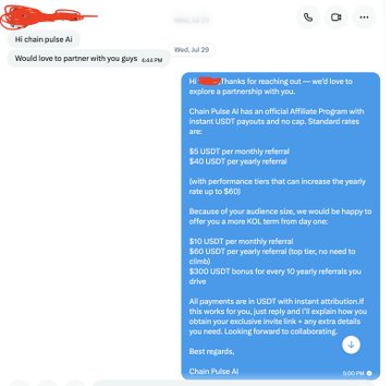 An iMessage conversation where 'Chain Pulse AI' offers a partnership, promoting an affiliate program with payouts in USDT and detailed commission tiers for referrals.