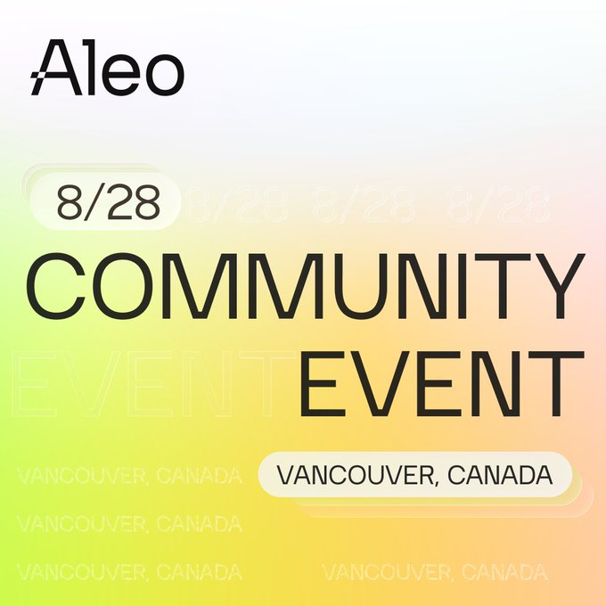 A promotional graphic with a gradient background displays "Aleo" branding, the date "8/28", and announces a "COMMUNITY EVENT" in "VANCOUVER, CANADA" in large black text.