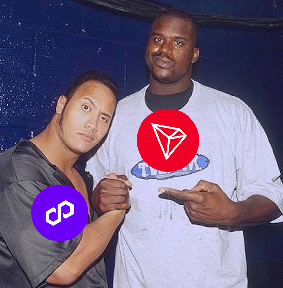 A photo of The Rock (Dwayne Johnson) and Shaquille O'Neal posing together with their fists meeting, overlaid with the TRON cryptocurrency logo on Shaq and the Polygon (MATIC) logo on The Rock.