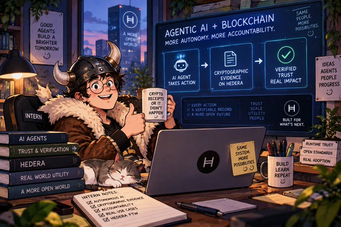 An illustrated cartoon of a viking-helmeted person working on a laptop displaying 'AGENTIC AI + BLOCKCHAIN' with sections for 'AI AGENT TAKES ACTION', 'CRYPTOGRAPHIC EVIDENCE ON HEDERA', and 'VERIFIED TRUST REAL IMPACT'.